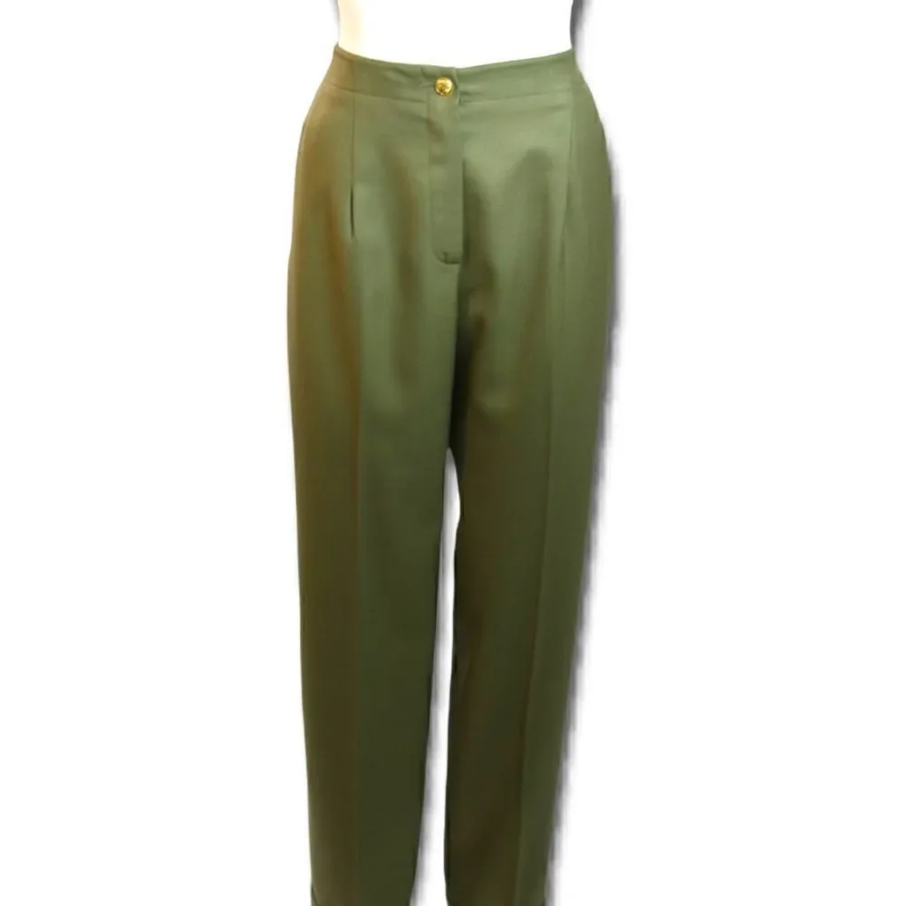 VINTAGE CHANEL Military Green Stunning High-Waisted Wool & Silk Tailored Pants